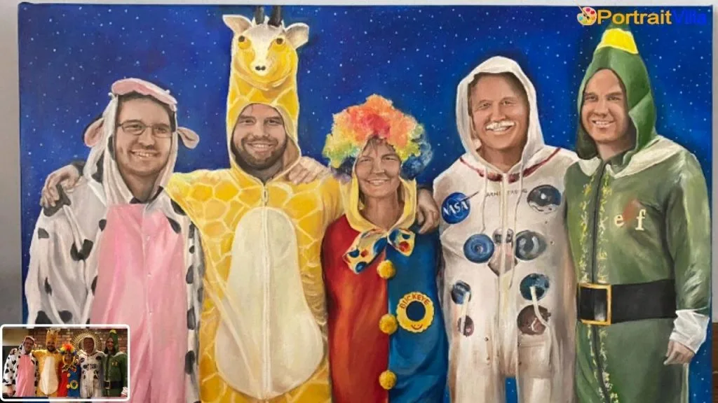 A custom family oil painting from photo illustrating a group of people in diverse costumes, reflecting a lively and imaginative atmosphere.