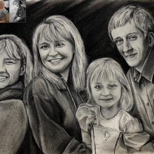 Charcoal drawing from photo depicting a family with two children, capturing their warmth and connection in a heartfelt composition.