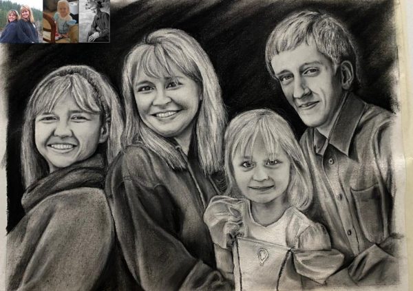 family charcoal sketch of two ladies one kid and one men