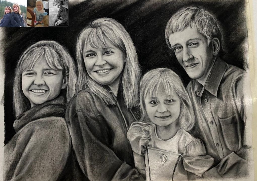 two women one baby and one men family charcoal drawing