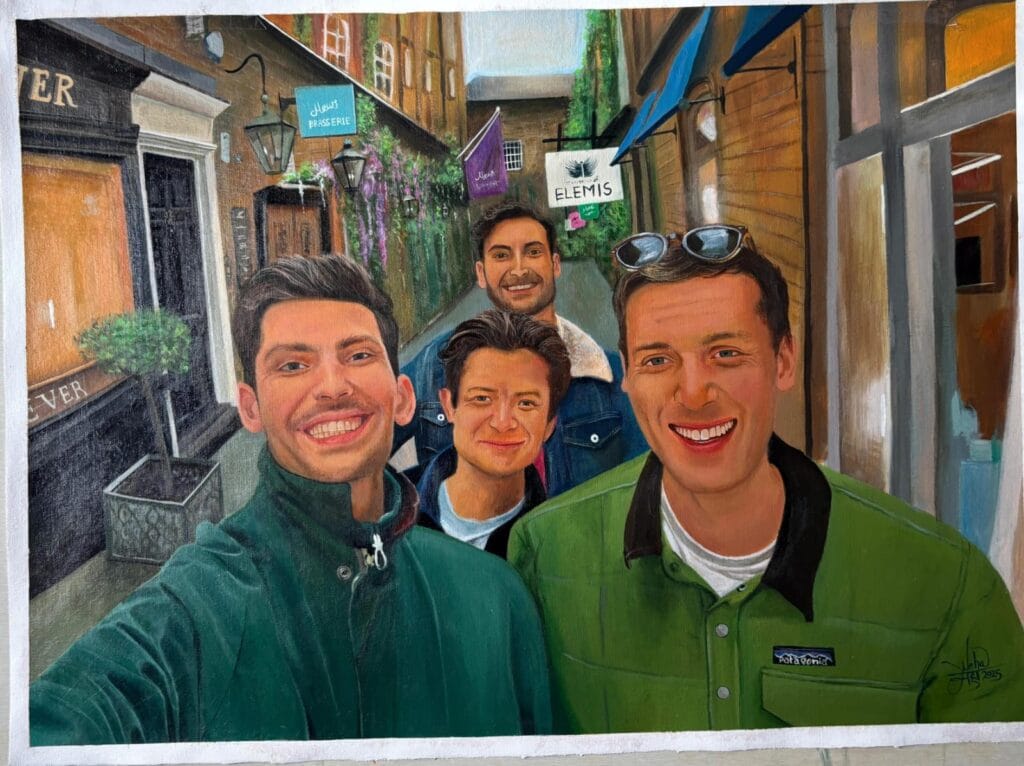 four friends at London back alley friends acrylic painting by portraitvilla