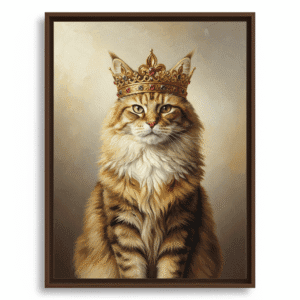 Majestic cat wearing a golden crown in a customized pet portrait from photo with minimal background