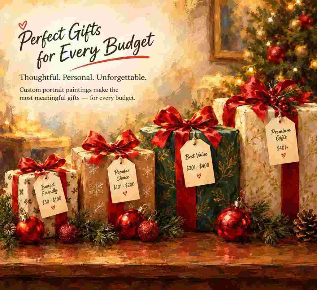 Wrapped Christmas gift boxes with red bauble decorations, representing gifts at different budget levels