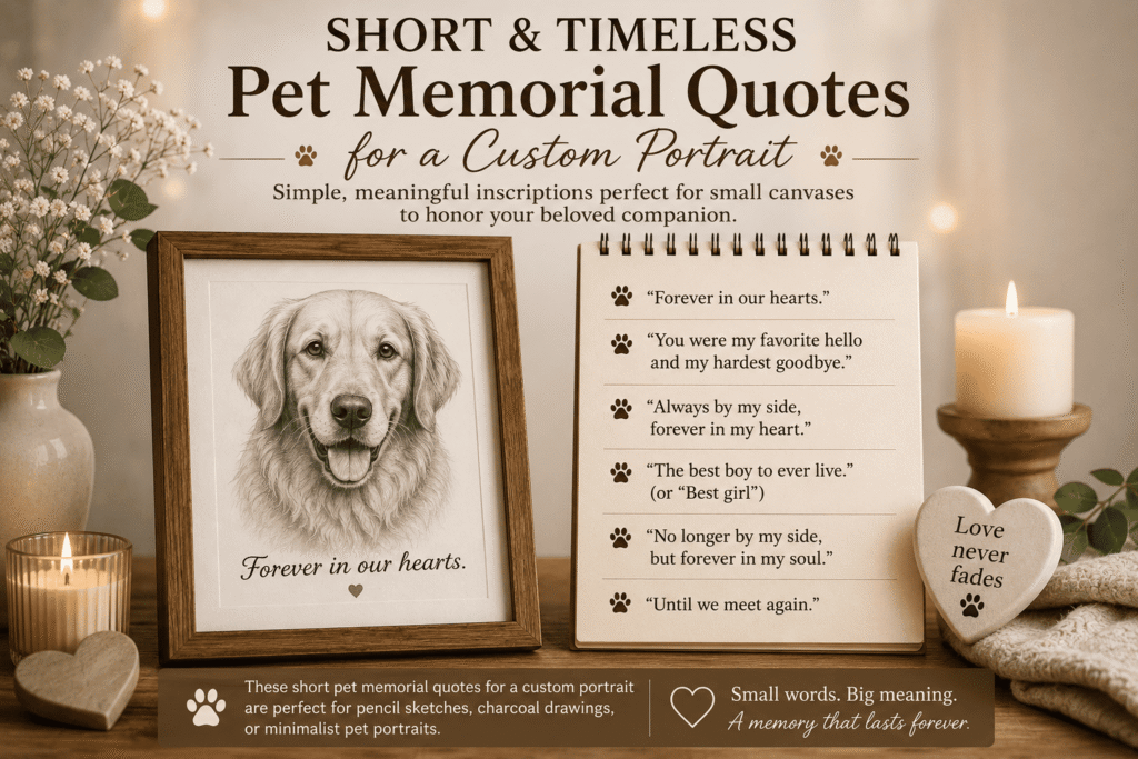 Image showing literary and poetic pet memorial quotes for a custom portrait with a charcoal dog drawing and an elegant memorial inscription.
