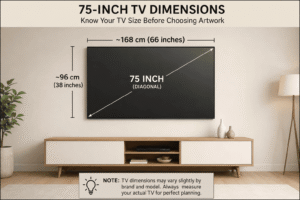 75-inch TV wall art ideas showing three balanced canvas layouts symmetrical paintings on both sides, a panoramic landscape above, and a square gallery grid. 75-inch TV wall canvas layout