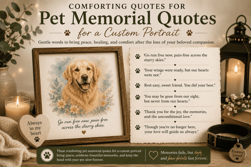 Image showing literary and poetic pet memorial quotes for a custom portrait with a charcoal dog drawing and an elegant memorial inscription.