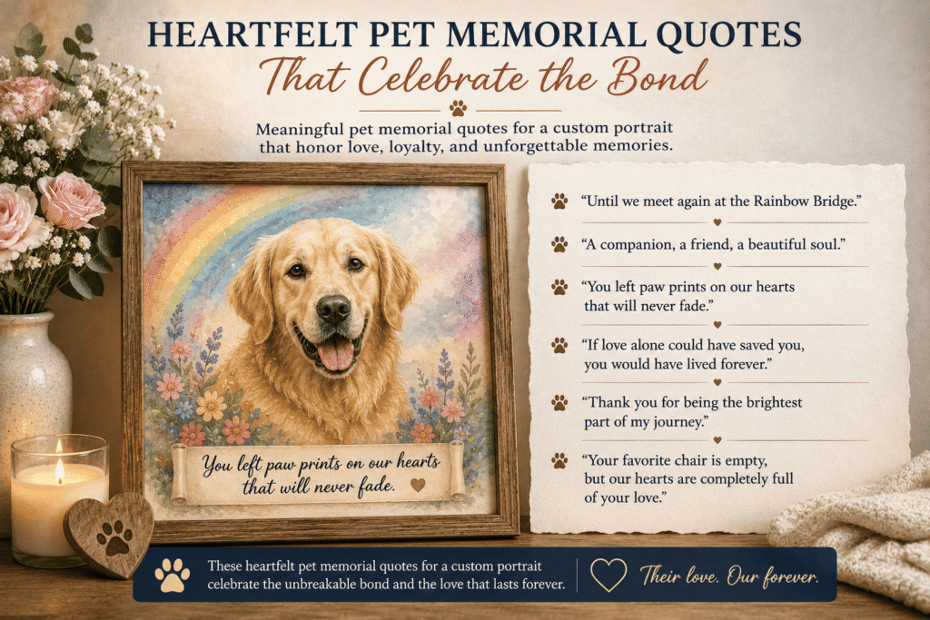 Image showing short and timeless pet memorial quotes for a custom portrait with a cat pencil sketch and a heartfelt inscription.