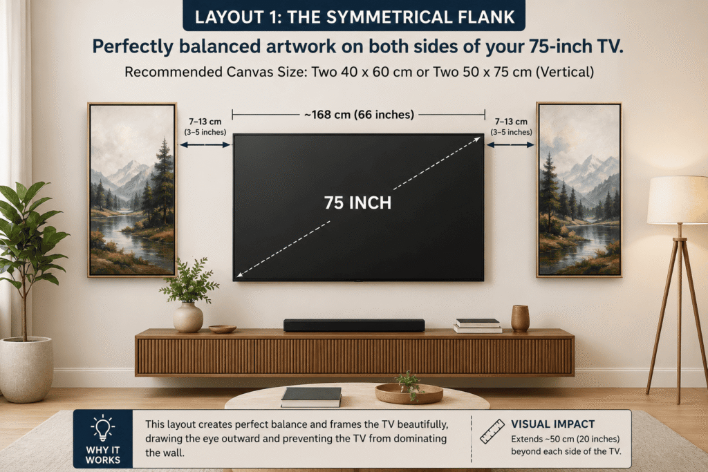 Living room with a 75-inch TV framed by two matching vertical landscape paintings, illustrating a symmetrical flank canvas layout.