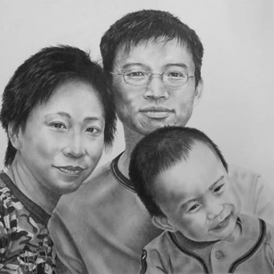 A detailed custom pencil sketch depicting a family with a child, showcasing warmth and togetherness in a heartfelt illustration.