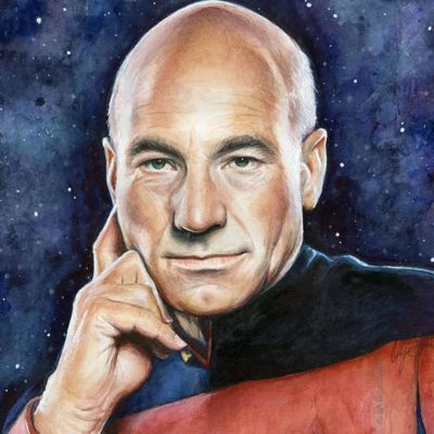 A custom watercolor painting of Captain Kirk, showcasing his iconic uniform and confident demeanor in a vibrant artistic style.